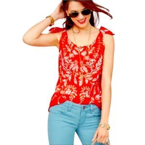 CAbi red white floral bohemian mosaic sleeveless tie shoulder silky tank top